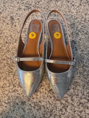 DV by Dolce Vita Silver Pointed Slingback Flats with Mary Jane Strap